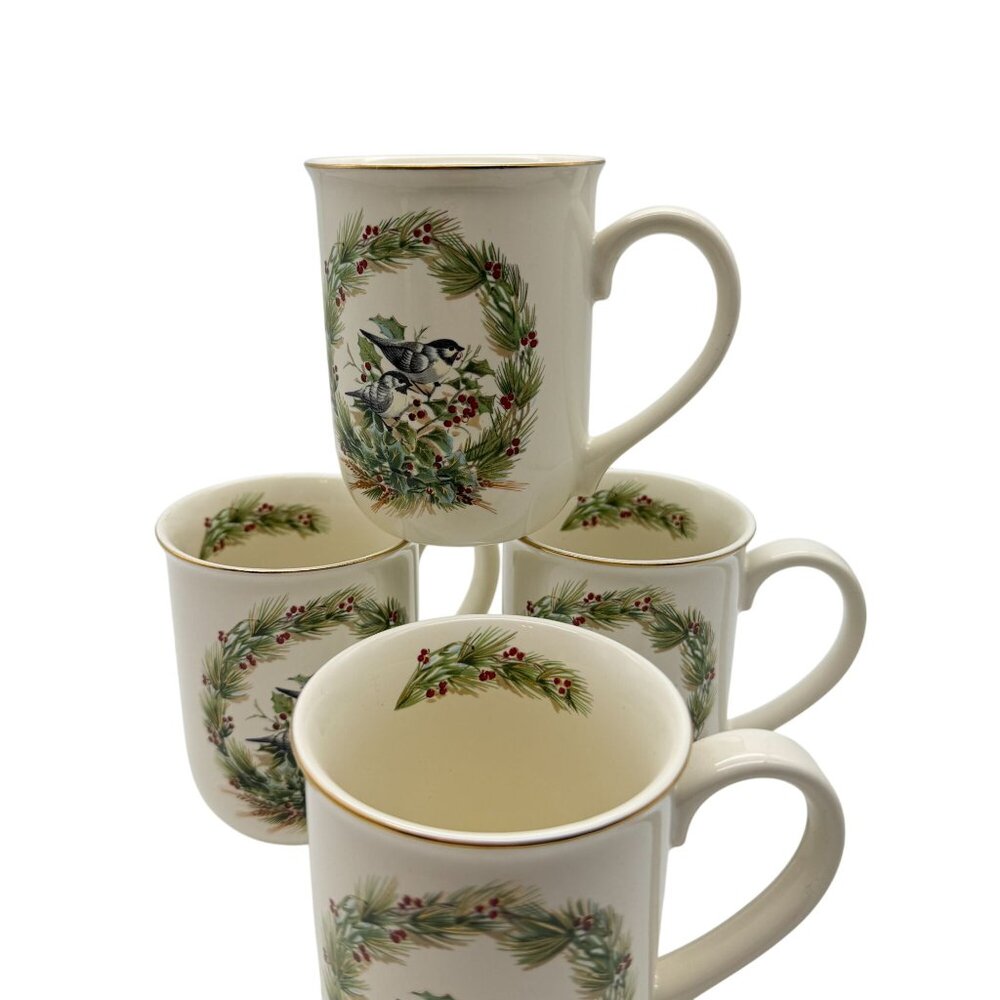 Gibson Greeting Otagiri Christmas Chickadee Wreath coffee mug set tea 4 in box V - Picture 3 of 14